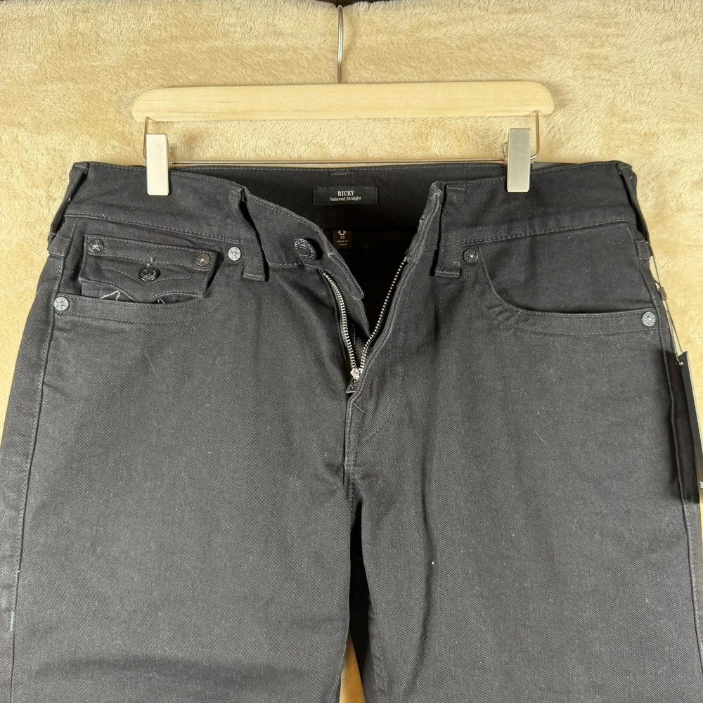 True Religion NWT Ricky Relaxed Straight Black Denim Jeans Mens 33X32‎